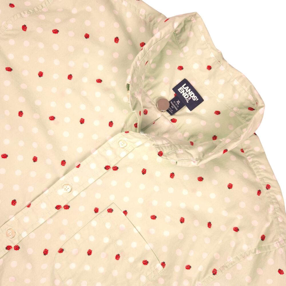 Lands End Shirt Mens XL Green Ladybug Polka Dot Print Cotton Short Sleeve XL Men